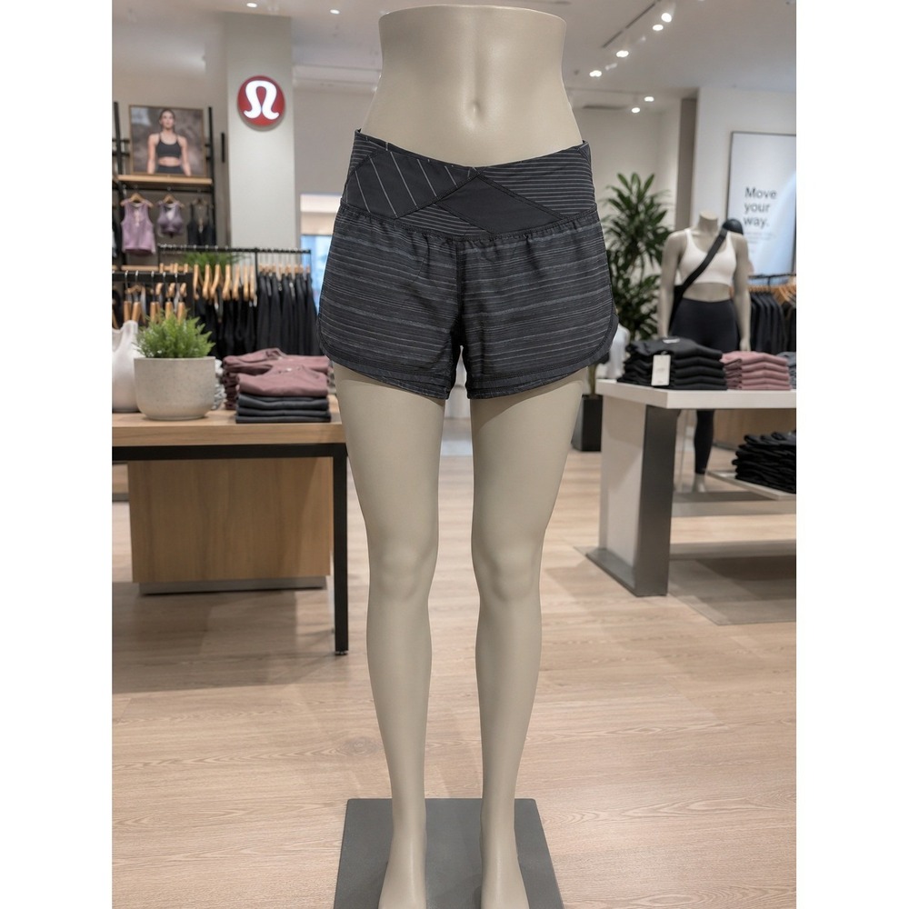 Lululemon Size 4 Black Striped Run Shorts | Crisscross Waistband Activewear